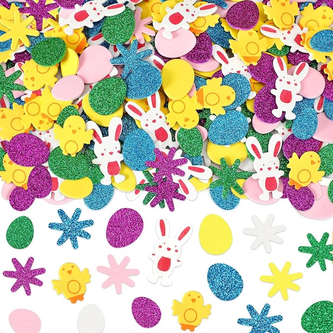600Pcs Easter Foam Stickers Glitter Bunny Eggs Chick Stickers | Self-Adhesive