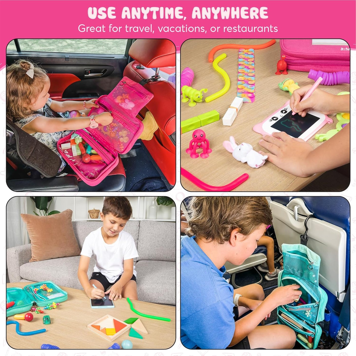 Travel Essentials for Kids – All-in-One Hanging Bag with Kid Toys, Road Trip Activities for Kids, Sensory Toys & Travel Games for Airplane Trips, Car Rides, Gifts for Boys & Girls Ages 4+ (Pink)