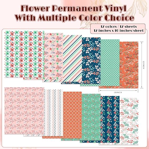 Tintnut Floral Permanent Vinyl 12 Sheets 12x10in Self Adhesive Vinyl | Boho