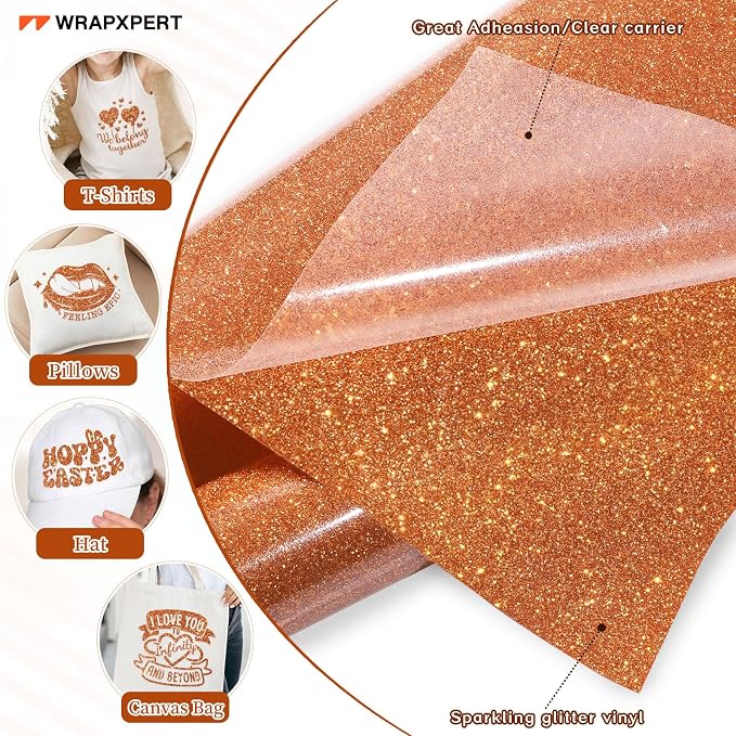 WRAPXPERT Orange Glitter Heat Transfer Vinyl, Sparkle Iron on Vinyl