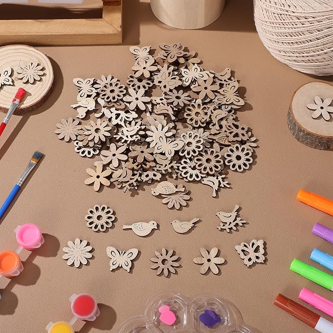 Amosfun 100PCS Wooden Cutouts for Crafts, Unfinished Wood Flowers Bird and