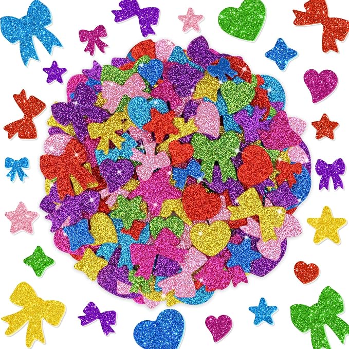 1000PCS Glitter Foam Stickers, Colorful Heart & Bow Stickers, Self-Adhesive