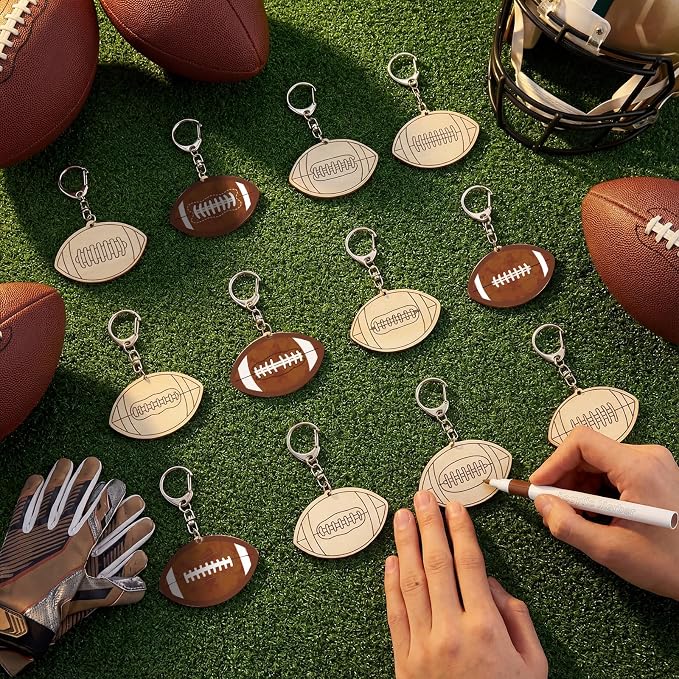 RattanView 24 Pcs Football Craft Color Your Own Keychains DIY Craft Wooden