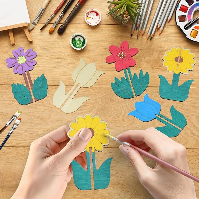Wooden Flowers for Crafts, DIY 3D Wood Crafts Paintable Flower Craft Ornaments: