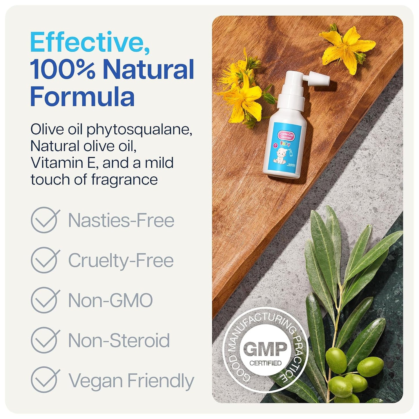NAVEH PHARMA Cradle Cap Cleanser For Baby & Kids | 100% Natural Cradle Cap Treatment | Spray & Wash No Scrubbing | Better Than Shampoo Or Brush | Help With Dandruff | Olive Oil & Squalane | 1 FL OZ