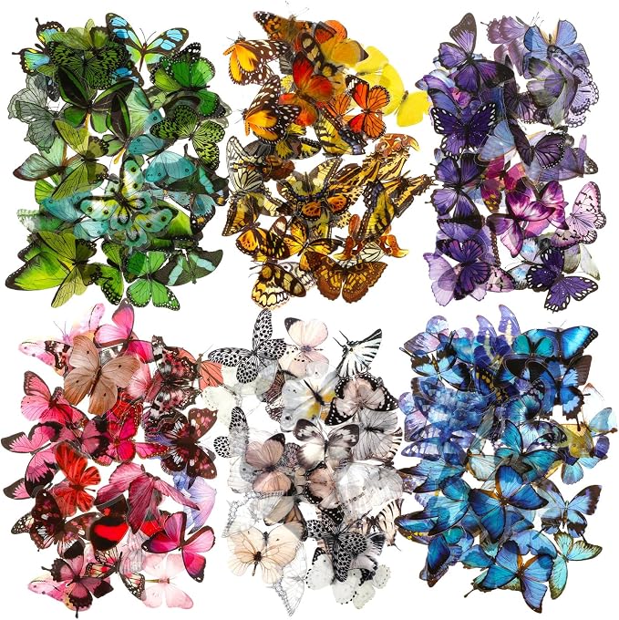 COMNICO 240PCS Butterfly Stickers, PET Waterproof Transparent Colorful Resin