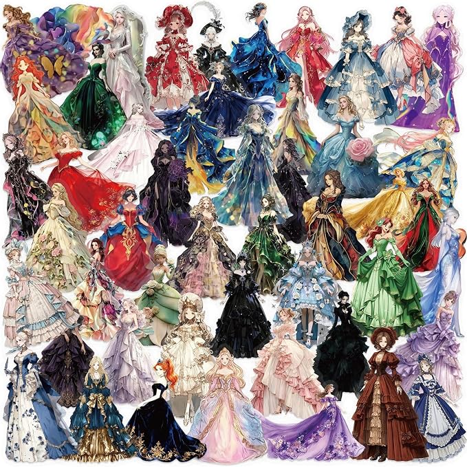 PET Transparent Princess Gown Stickers, Colorful Ball Gown Stickers Gift
