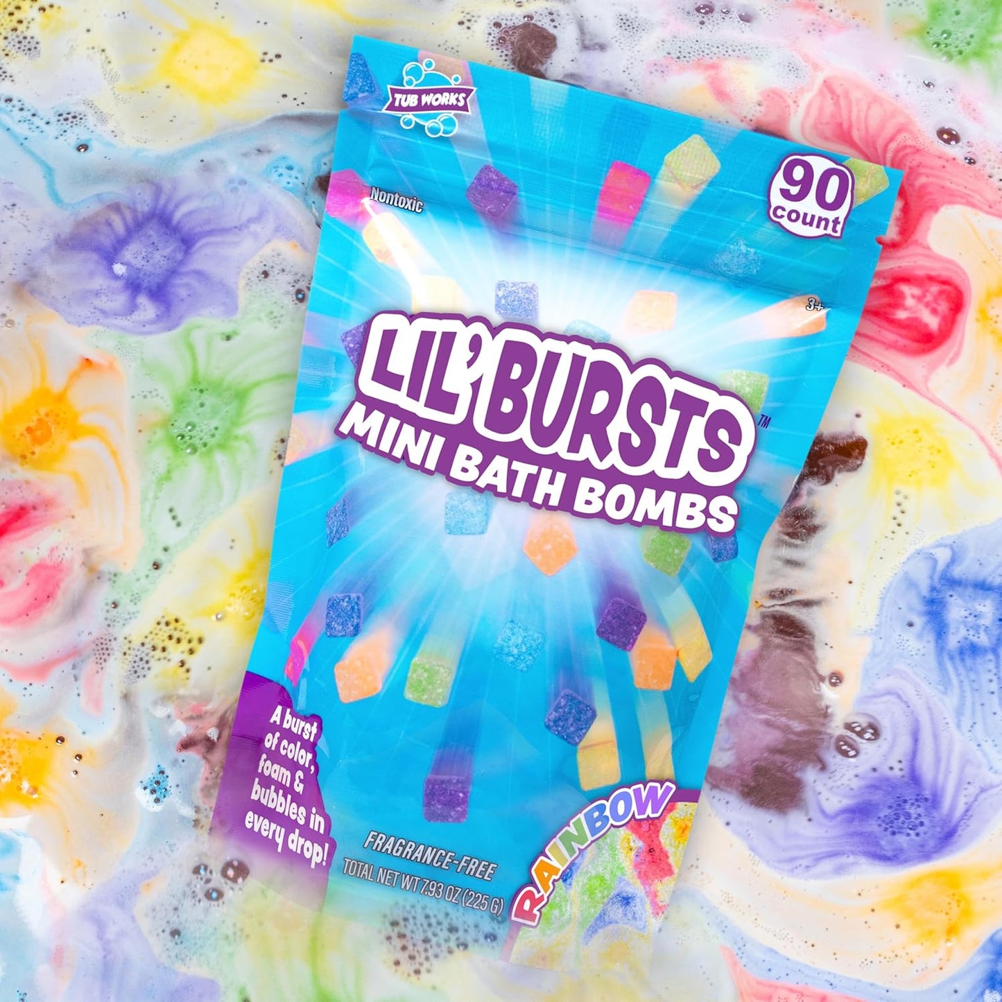 Tub Works® Lil' Bursts™ Mini Bath Bombs for Kids, 90 Count, Rainbow | Nontoxic | Tiny Kids Bath Bombs with A Burst of Color, Foam & Bubbles | Customize Toddler Bath with 7 Colors | Make Bathtub Art