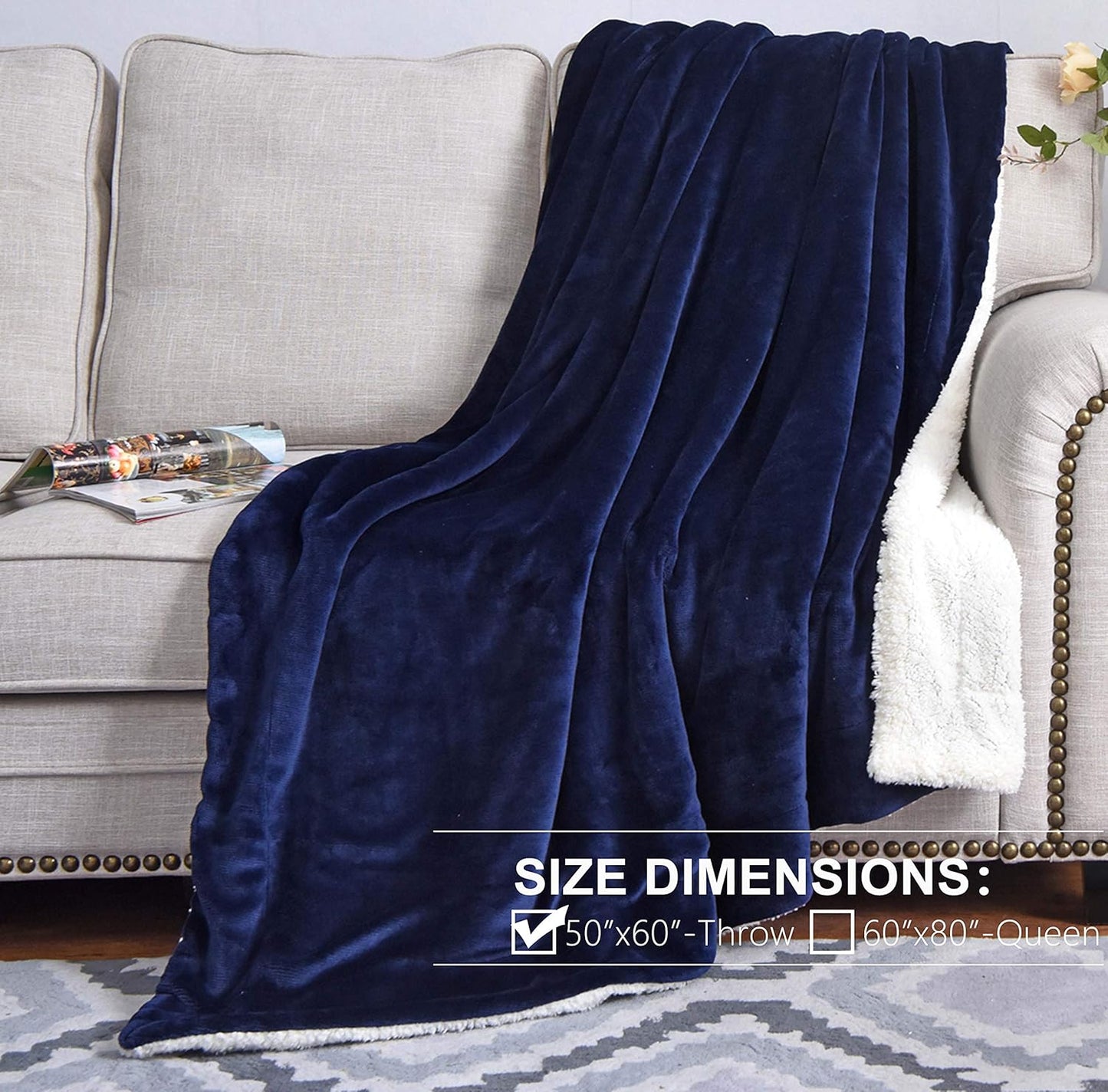 NANPIPER Sherpa Blanket Warm Blankets for Winter Super Soft Fuzzy Flannel Fleece/Wool Like Reversible Velvet Plush Couch Blanket Lightweight(Navy Blue Throw Size 50"x60")