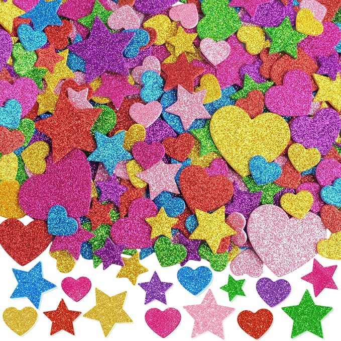 987 Pcs Glitter Foam Stickers, Heart & Star Shapes Stickers, 7 Sheets Colorful