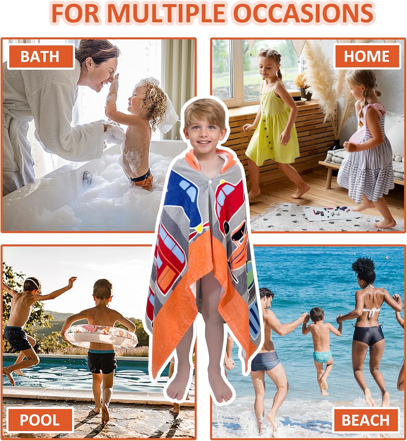 Kids Hooded Bath Towel-Soft Thick 100% Cotton Hooded Beach Towel for Kids 3-10 Years,Absorbent Fast-Drying Cute Toddler Bath & Swim Towel,for Boys & Girls 30"x50"(Vehicle Grey)