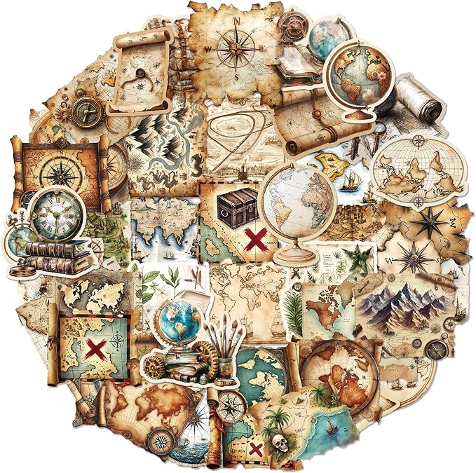 PRSTINCOL 100Pcs Vintage Sticker Pack, Cute Map Design Scrapbook Supplies