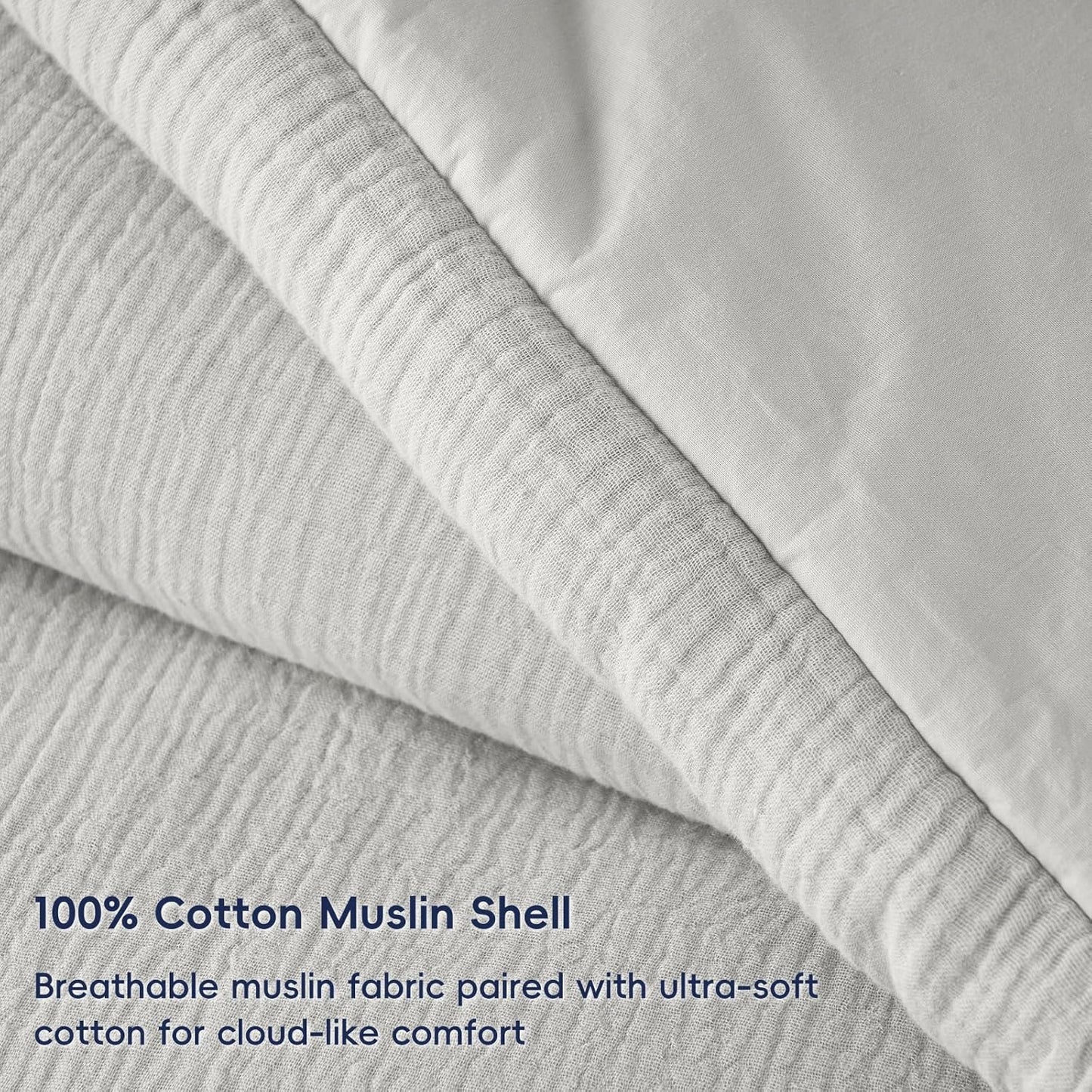 PHF Cotton Muslin Comforter Set King Size – Ultra Soft, Breathable & Lightweight Bedding Set for All Seasons, 3 Pieces - 1 Comfy Comforter 104"x90", 2 Pillow Shams 20"x36", Light Grey