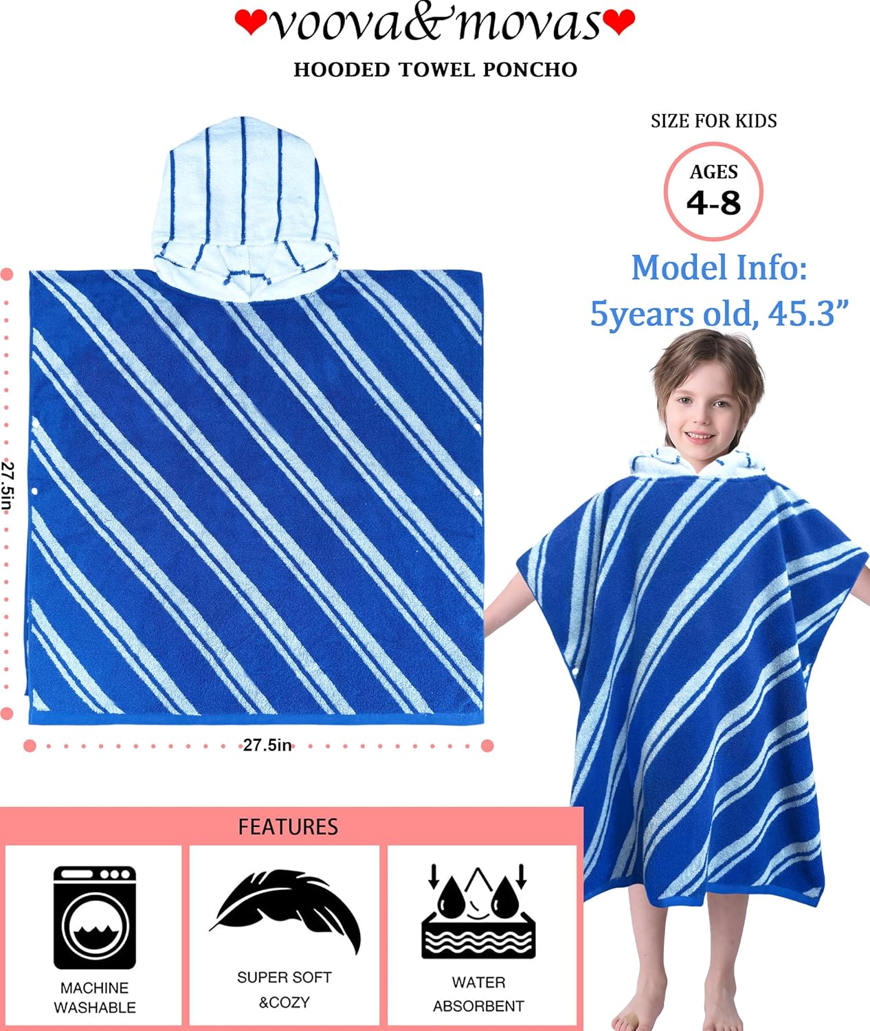VOOVA & MOVAS Kids Hooded Poncho Towels (4-8Years,27.5"x27.5"),100% Cotton Soft Absorbent Towel for Boys,Perfect for Bathroom | Pool | Beach | Swimming, Jacquard Blue Stripe