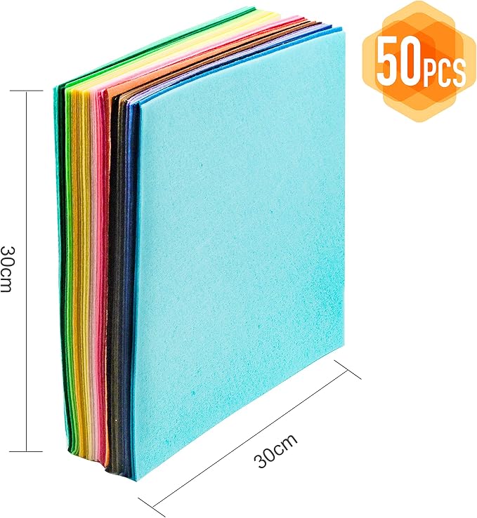 50PCS 12 x 12”, 1mm Thick Stiff Felt Fabric Sheets Assorted Colours Felt Pack
