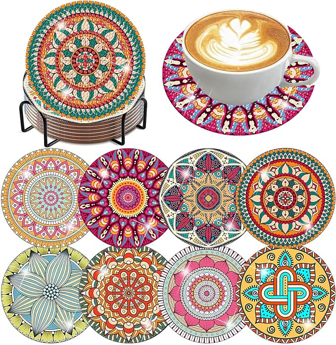 Benjenes 8 PCS Mandala Diamond Art Coasters Kits | Diamond Paintings Coasters