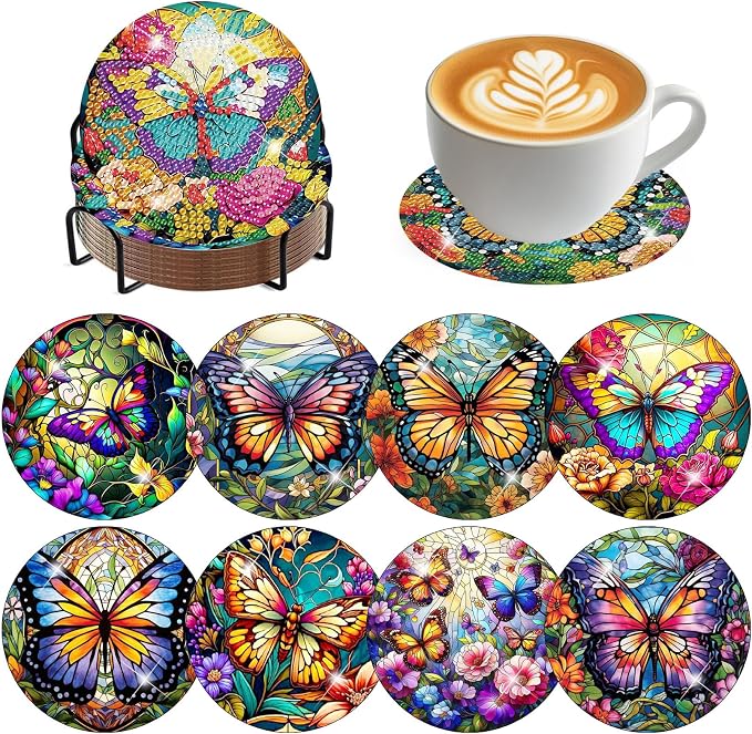 8 Pack Diamond Art Coasters, Butterfly Diamond Painting Coasters Kits |