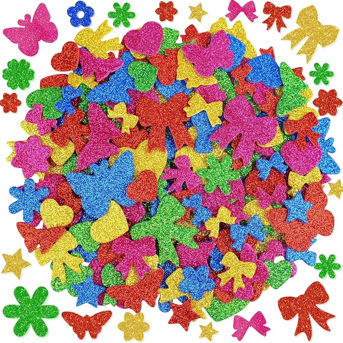 500Pcs Foam Stickers Glitter Colorful Flower Butterfly Bow Shapes Stickers
