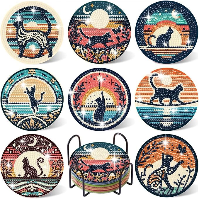 8PCS Diamond Art Coasters Kit, Cat Diamond Painting Coasters