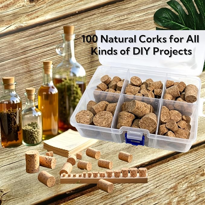 100 Pack Tapered Cork Stoppers, 10 Sizes Assorted Natural Wooden Wine Bottle