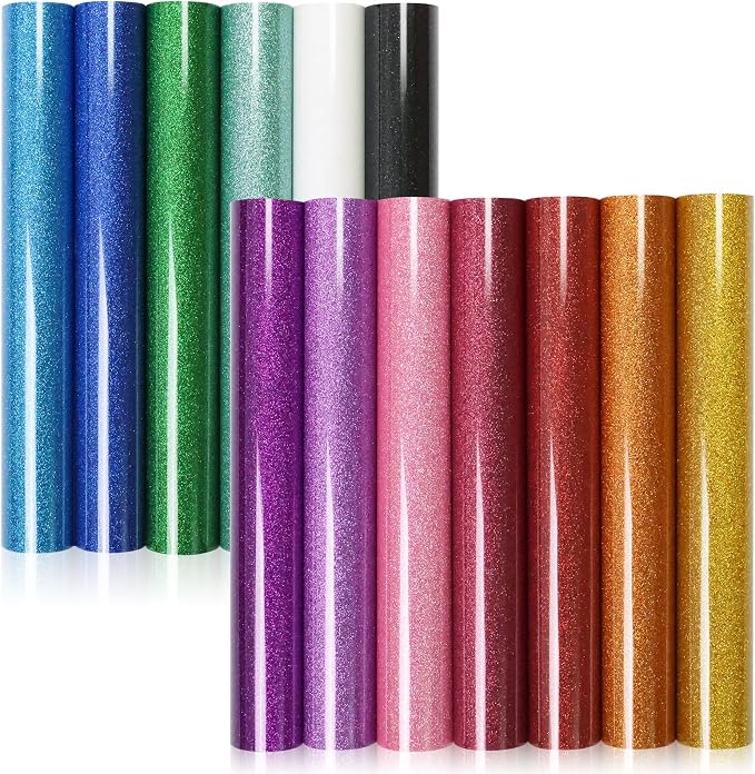 DUEUIOE Glitter Heat Transfer Vinyl 13 Pack 12"x10" Easy Cut & Weed Iron on HTV