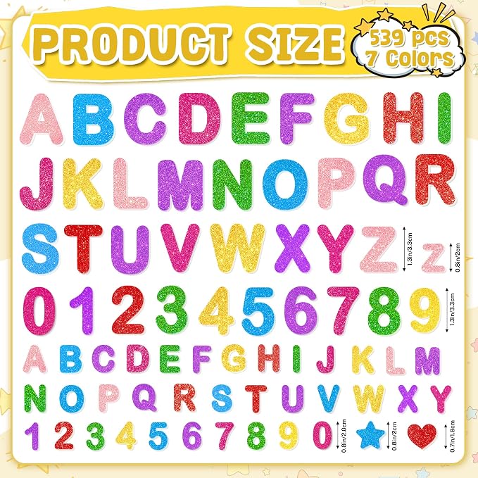 Foam Letter Stickers, 7 Sheets 3D Glitter Alphabet and Number Stickers
