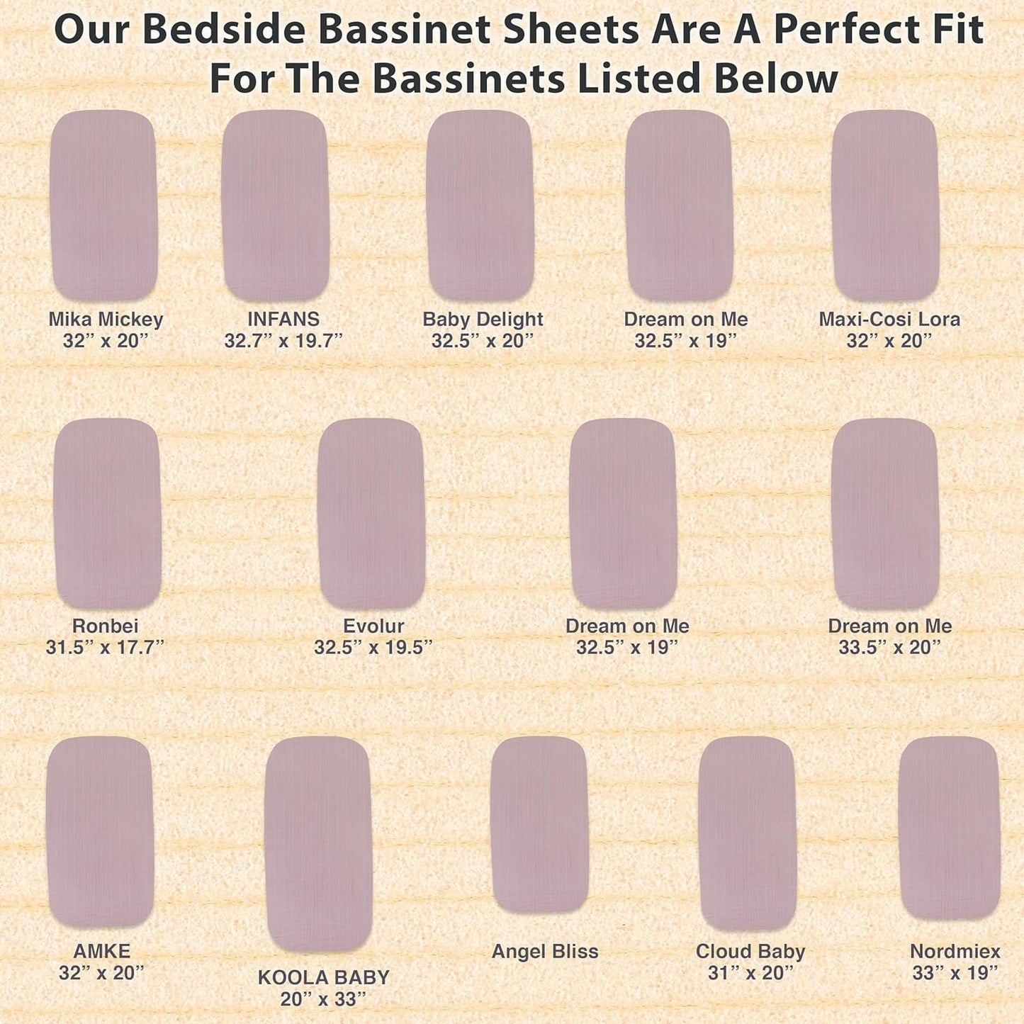 3 Pack Organic Muslin Bedside Bassinet Sheets Compatible with Mika Micky, Baby Delight, Dream On Me, AMKE and Other Bassinet Pads Size Between 17-21 in Width, 29-33 in Length, and 1.5-4 in Thick