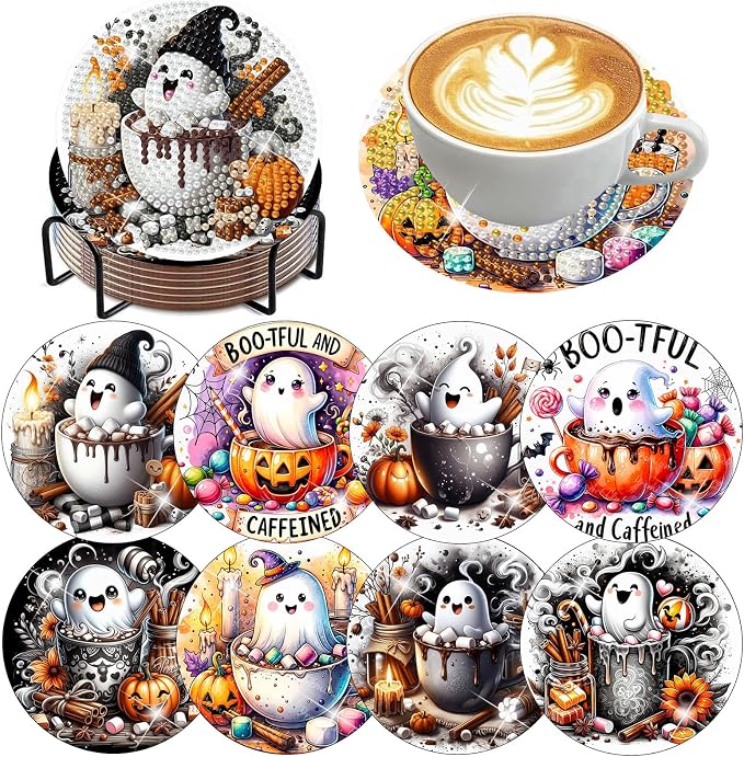 8 PCS Halloween Diamond Art Coasters Kits, Ghost Diamond Painting Coaster |