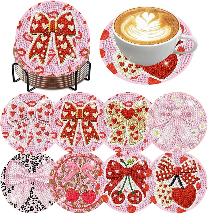 Axquilon 8 Pcs Pink Bow Diamond Art Coasters Kit