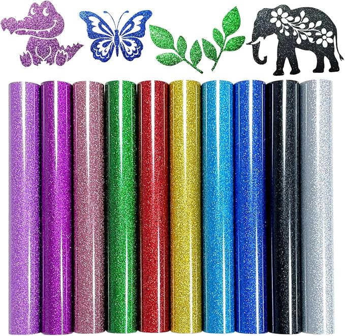 Efuncro- 10 Pack Glitter HTV 12'' x 10'' Heat Transfer Vinyl Bundle, Iron on