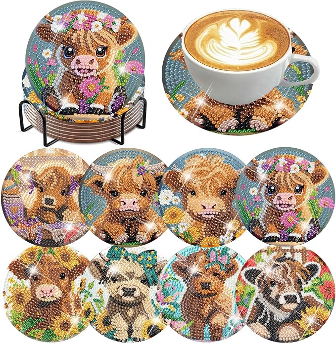 ijbnhd 8 Pack Highland Cow Diamond Art Coasters Kits | Cow Diamond Painting