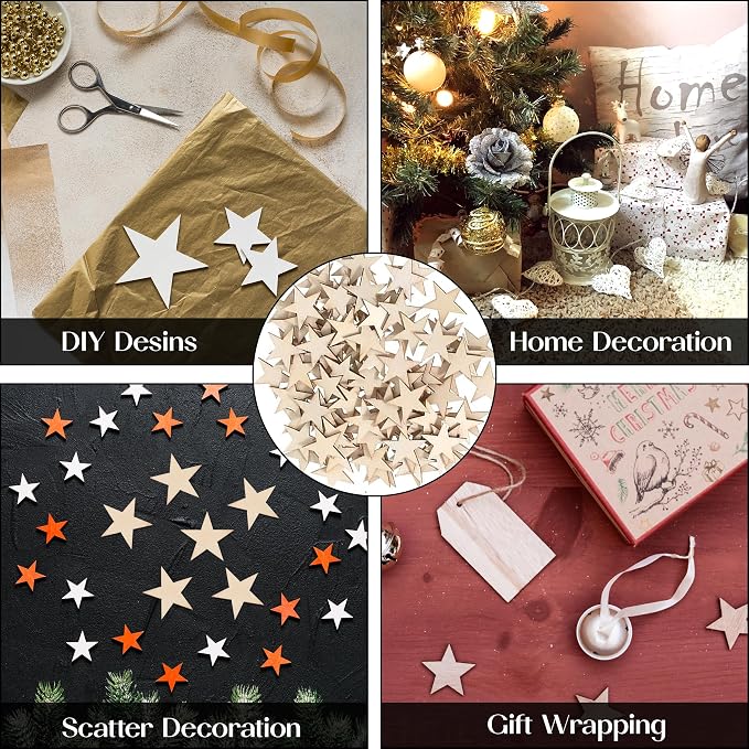 Small Star Unfinished Wood Cutout – Basswood Laser Cut Craft Stars, Mixed Sizes