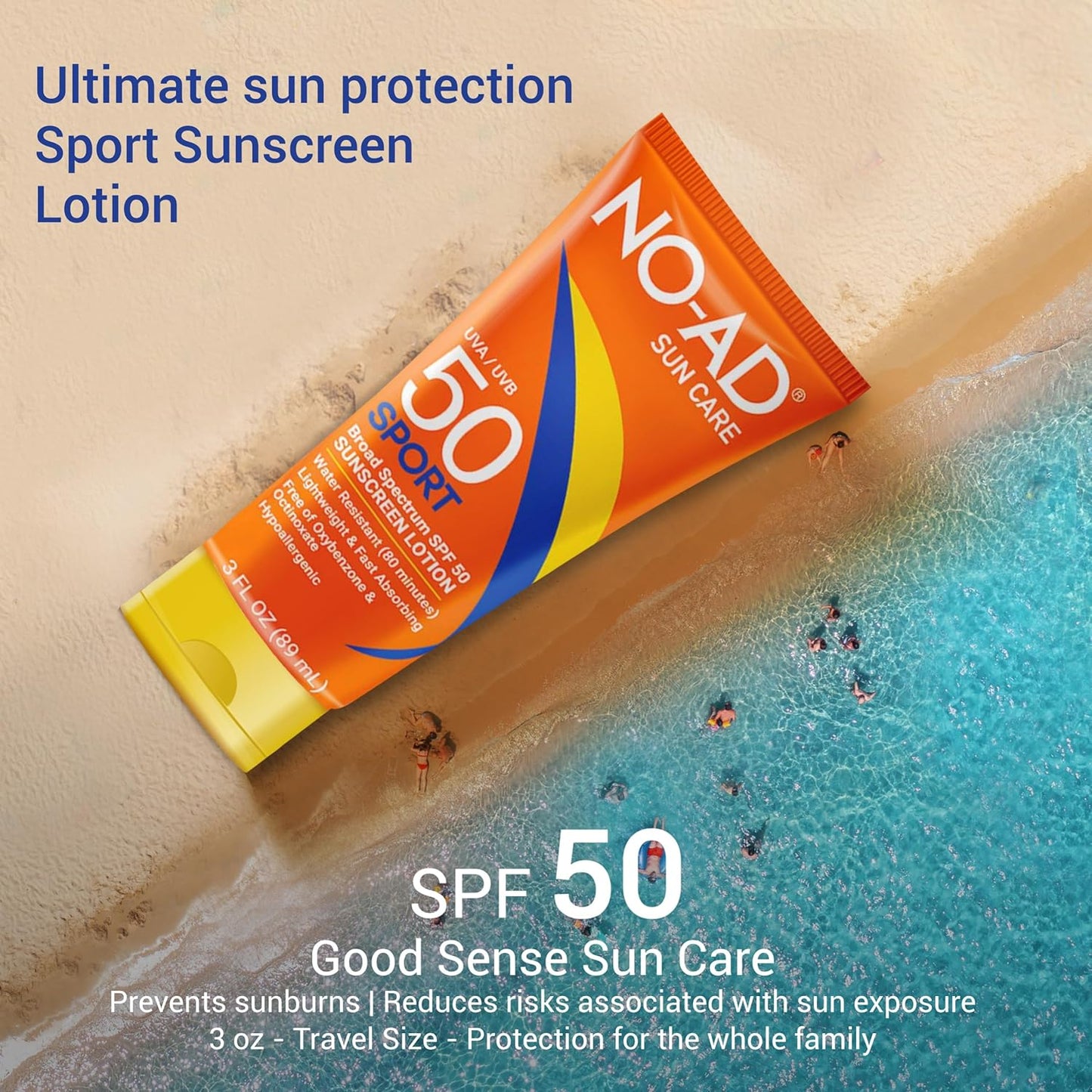 NO-AD SPF 50 SPORT Sunscreen Lotion | Hypoallergenic | Broad Spectrum UVA/UVB Protection | Water Resistant | Octinoxate & Oxybenzone Free with moisturizing Vitamin E and Aloe 3oz | Pack of 3