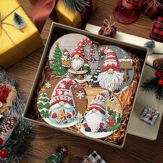 Clendo 8 PCS Christmas Gnome Diamond Art Coaster Kits