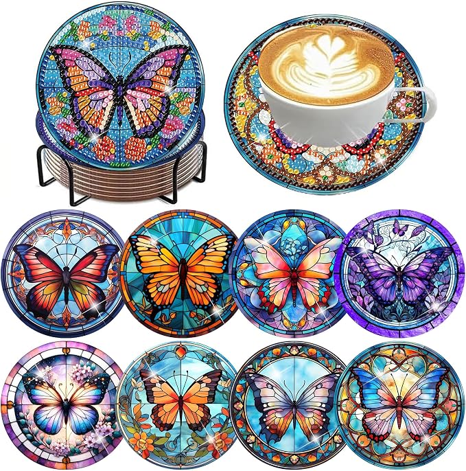 ijbnhd 8 Pcs Butterfly Diamond Painting Coasters Kits