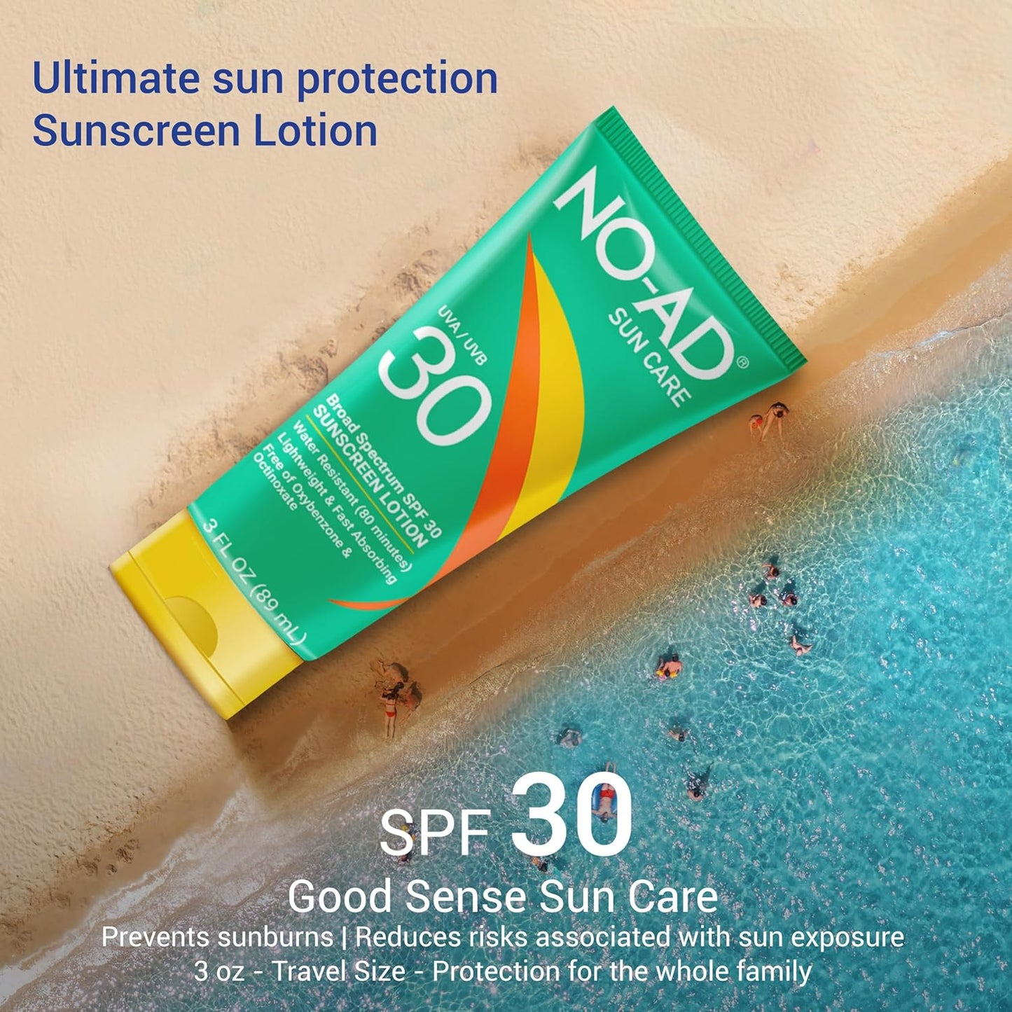 NO-AD SPF 30 Sunscreen Lotion | Broad Spectrum UVA/UVB Protection | Water Resistant | Octinoxate & Oxybenzone Free with moisturizing Vitamin E and Aloe 3oz | Pack of 3