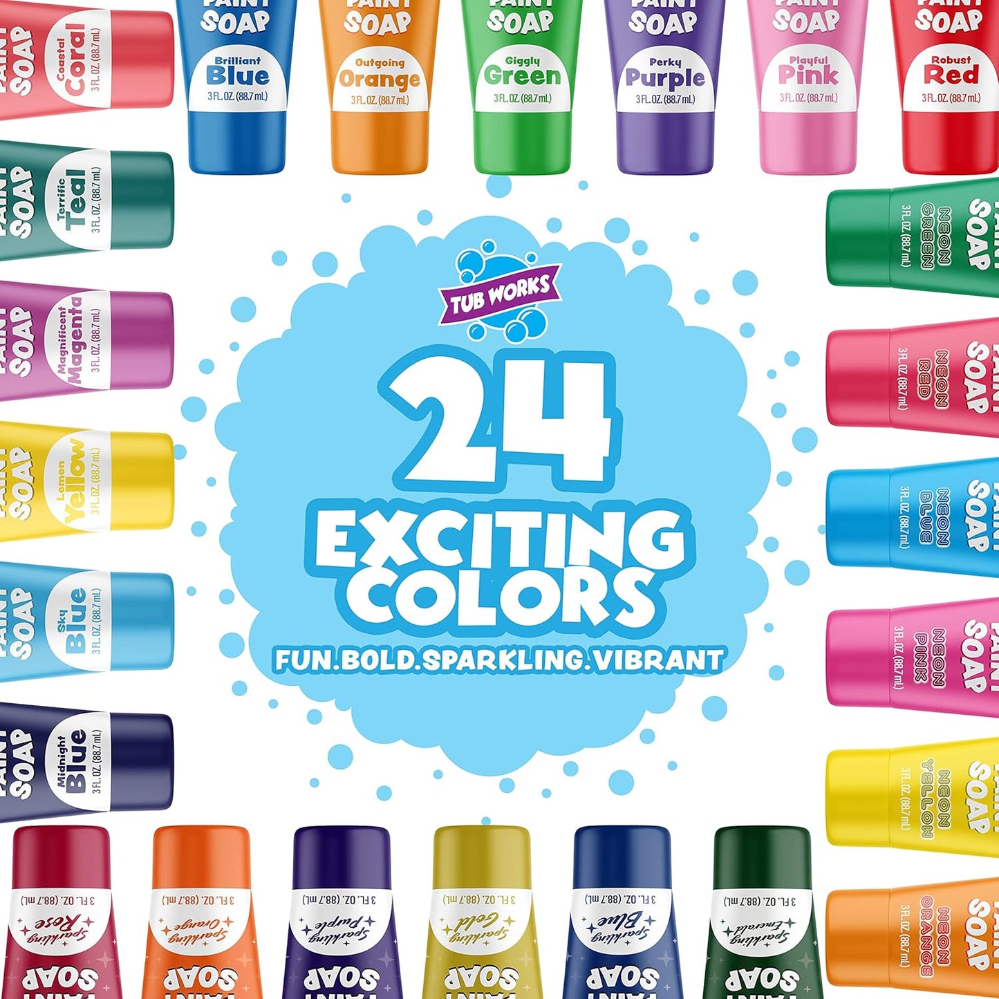 Tub Works® Bath Paint Soap Bath Toy, 24 Pack | Non-Toxic, Washable Bathtub Paint for Finger Painting in the Tub | Ideal Toddler Bath Toys for Creative Play | Classic & Pastel Bath Colors for Kids Bath