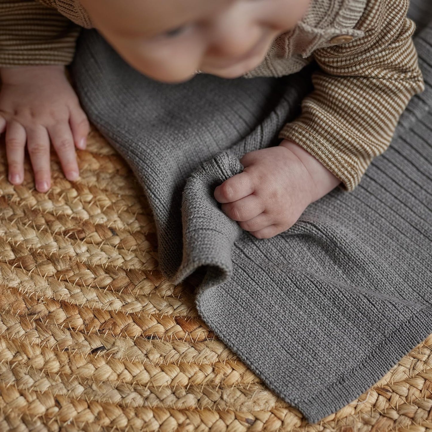 Knitted Organic Cotton Baby Blanket- Swaddle Blanket, 30" x 40" Soft Receiving Blanket for Newborn (Ribbed-Cloud Grey)
