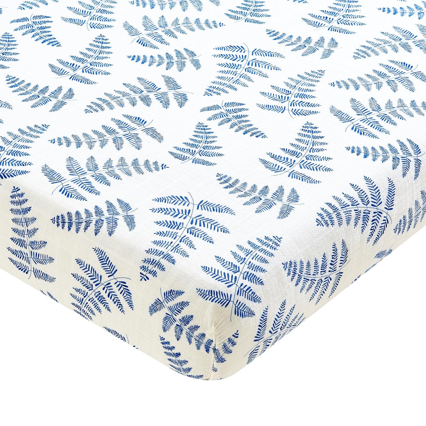 Margaux & May Organic Muslin Cotton Baby Crib Sheet, Blue Fern Print, Fitted, Breathable, Toddler Bedding, 52 x 28, Deep Pocket, Organic Crib Sheets for Cozy Sleep