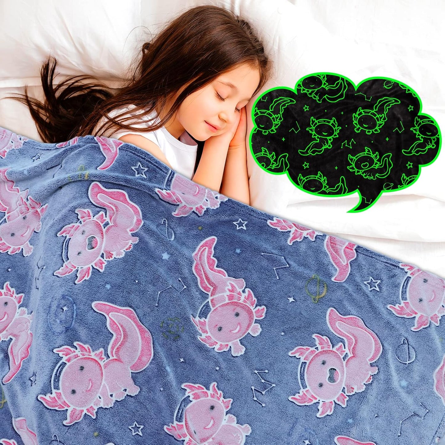 GEULAY Axolotl Twin Size Blanket for Bed & Couch - Glow in The Dark Axolotl Blanket Gifts for Girls Pink Salamander Fleece Twin Bed Throw Birthday Decoration for Bedroom All Season 60x80inch