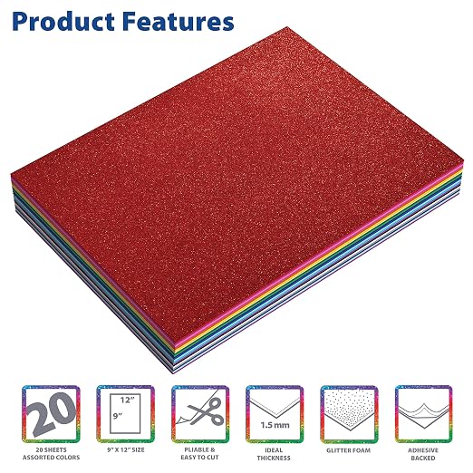 Better Office Products 20 Pack Glitter Foam Sheets
