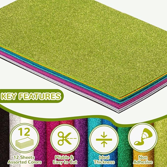 12 Pack Glitter Foam Sheets Craft 8 x 12 inch, 12 Colors | Sparkles Foam Paper
