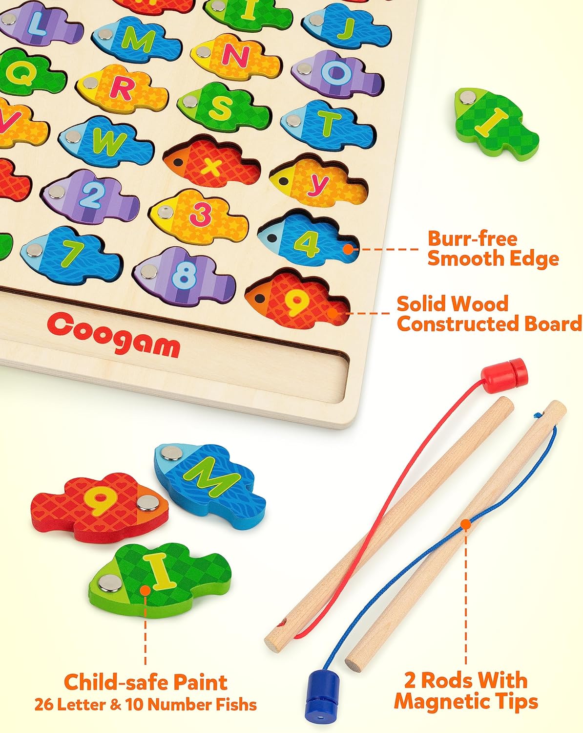 Coogam Magnetic Alphabet Numbers Fishing Game, Wooden ABC Letter Numbers Color Matching Puzzle Fine Motor Montessori Educational Toy for Preschool 3 4 5 Year Old Toddlers