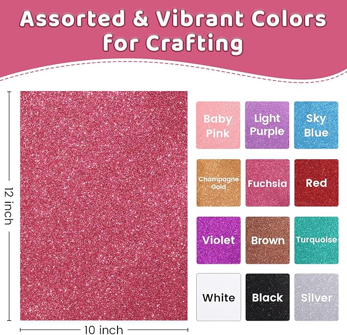 DUEUIOE Glitter Heat Transfer Vinyl 12 Pack 12x10 Inch Easy Cut Glitter HTV