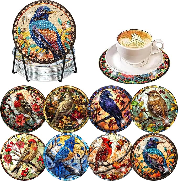 Axquilon 8 Pcs Birds Diamond Art Coasters Kit