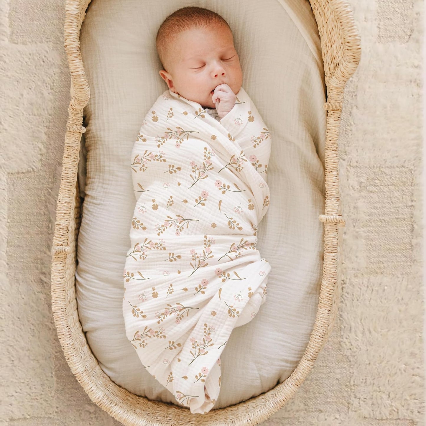 Konssy Muslin Swaddle Blankets for Boys Girls, 2 Pack Receiving Baby Blanket Large 47 x 47 inches, Soft Breathable Swaddling Wrap for Unisex Newborn (Pink, Floral)