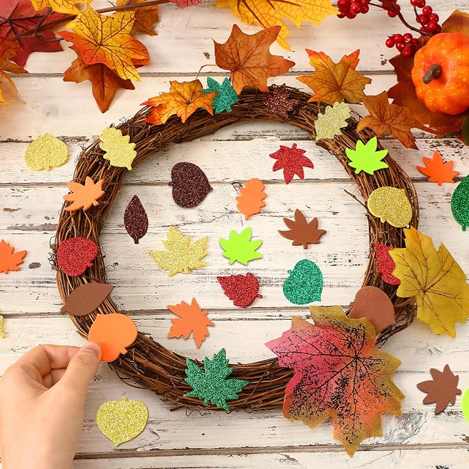 600Pcs Glitter Fall Leaf Foam Sticker Self Adhesive Maple Leaves | Autumn