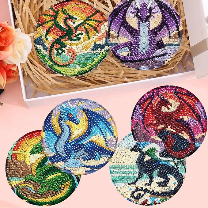 Zythron 8 Pack Diamond Art Coasters, Dragon Diamond Painting Coasters Kits |