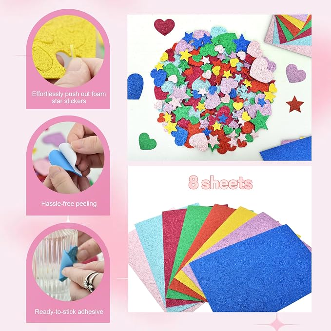 BEISHIDA 1040 PCS Glitter Foam Stickers, Heart Stars Shapes Self-Adhesive