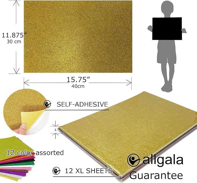 Allgala X-Large Self-Adhesive Glitter EVA Foam Sheets 12 Pack 12x16 inch-